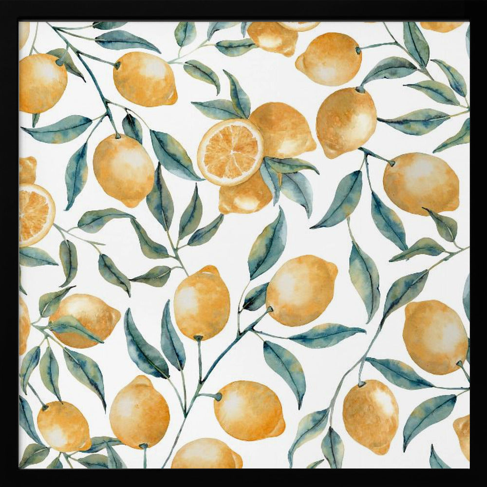 A framed watercolor painting featuring a repeating pattern of bright yellow lemons and blue-green leaves on delicate branches against a clean white background. Some of the lemons are sliced in half, showing their inner texture. Wall Art