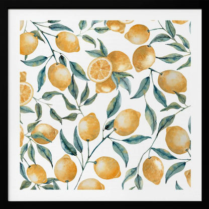 A framed watercolor painting featuring a repeating pattern of bright yellow lemons and blue-green leaves on delicate branches against a clean white background. Some of the lemons are sliced in half, showing their inner texture. Wall Art