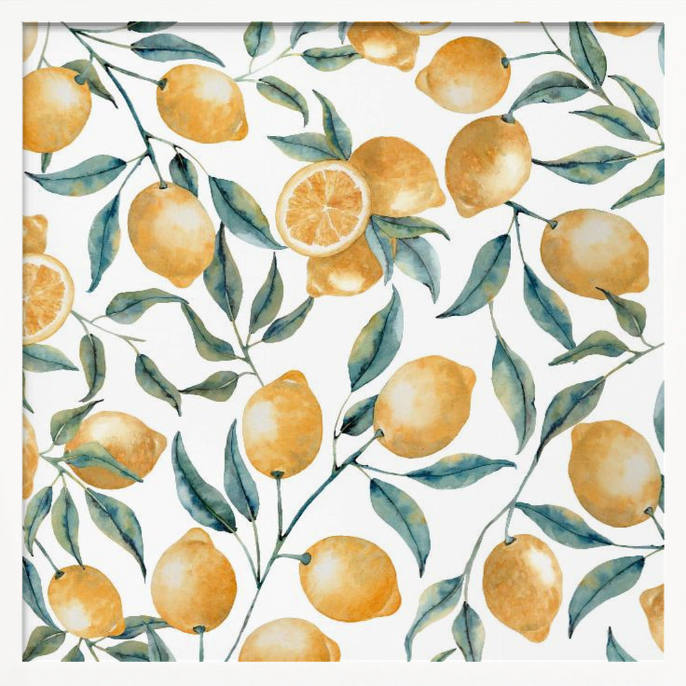 A framed watercolor painting featuring a repeating pattern of bright yellow lemons and blue-green leaves on delicate branches against a clean white background. Some of the lemons are sliced in half, showing their inner texture. Wall Art