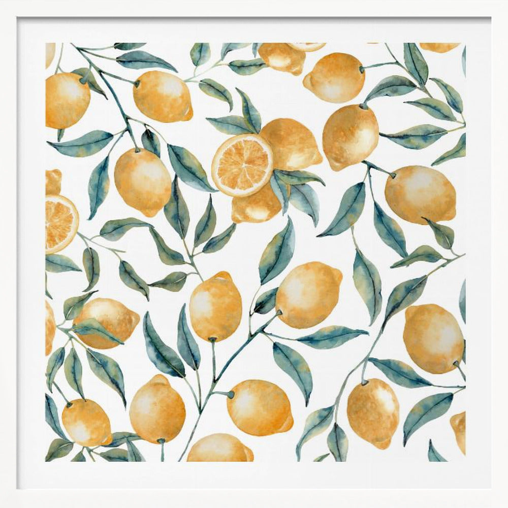 A framed watercolor painting featuring a repeating pattern of bright yellow lemons and blue-green leaves on delicate branches against a clean white background. Some of the lemons are sliced in half, showing their inner texture. Wall Art
