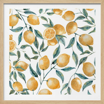A framed watercolor painting featuring a repeating pattern of bright yellow lemons and blue-green leaves on delicate branches against a clean white background. Some of the lemons are sliced in half, showing their inner texture. Wall Art