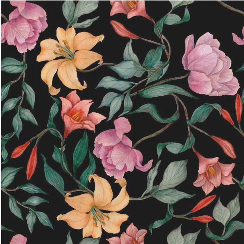 A watercolor floral pattern featuring pink peonies, orange lilies, and green leaves intertwined on a dark black background, all framed by a light wood border. Poster