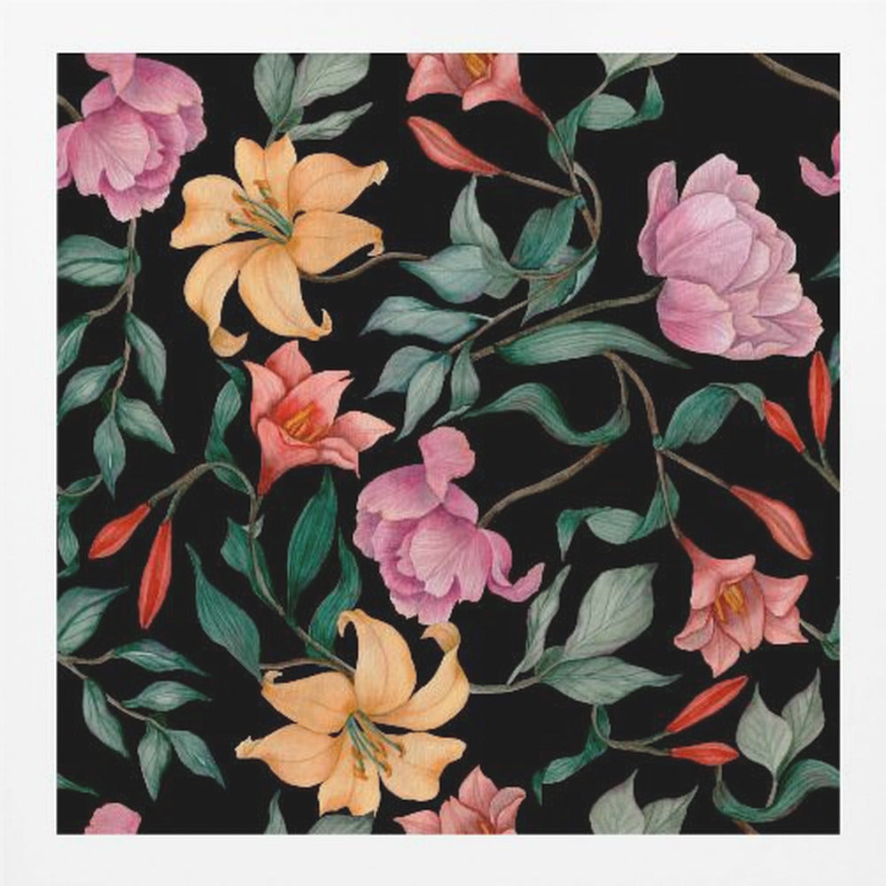 A watercolor floral pattern featuring pink peonies, orange lilies, and green leaves intertwined on a dark black background, all framed by a light wood border. Poster