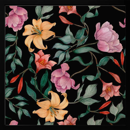A watercolor floral pattern featuring pink peonies, orange lilies, and green leaves intertwined on a dark black background, all framed by a light wood border. Poster