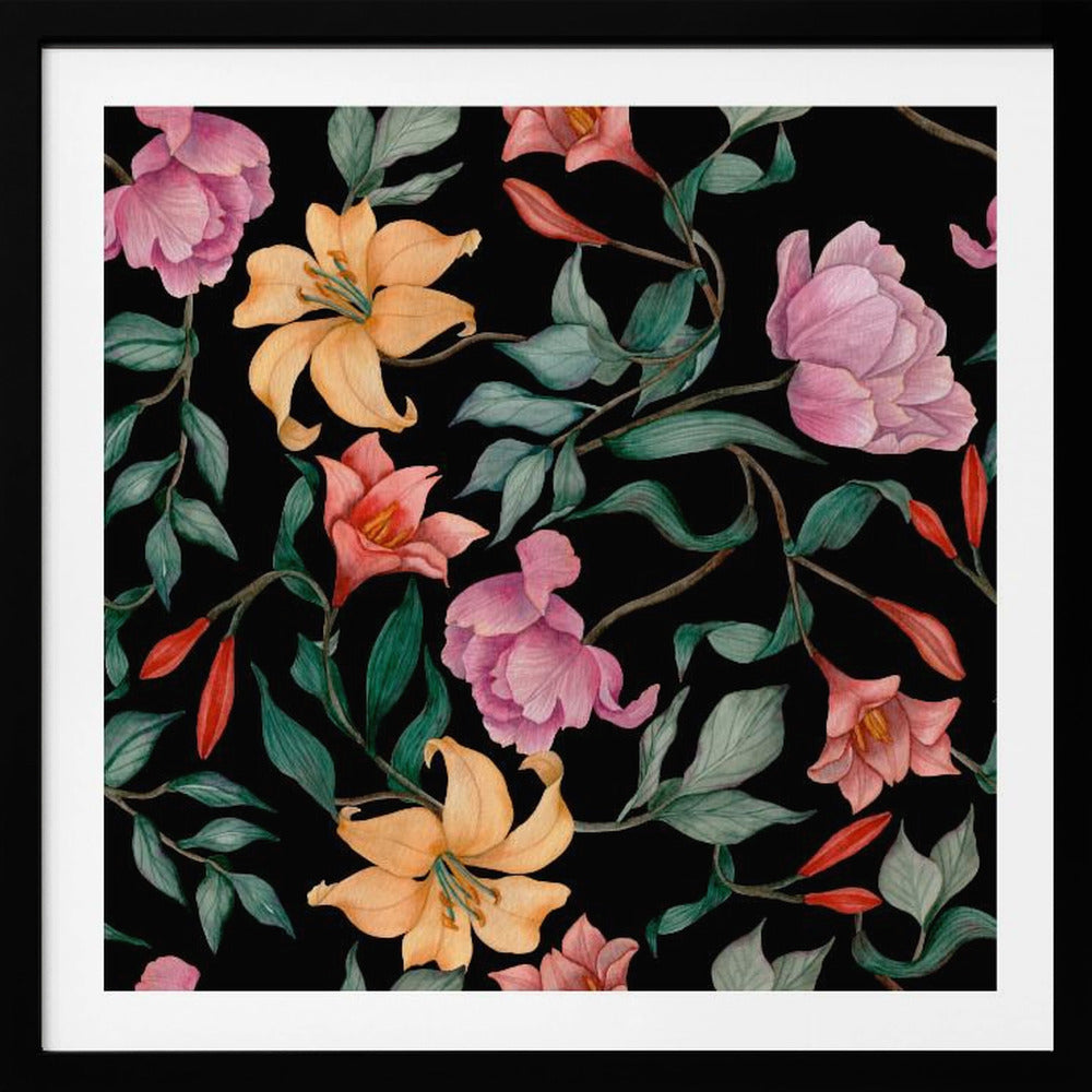 A watercolor floral pattern featuring pink peonies, orange lilies, and green leaves intertwined on a dark black background, all framed by a light wood border. Poster