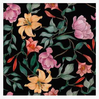 A watercolor floral pattern featuring pink peonies, orange lilies, and green leaves intertwined on a dark black background, all framed by a light wood border. Poster