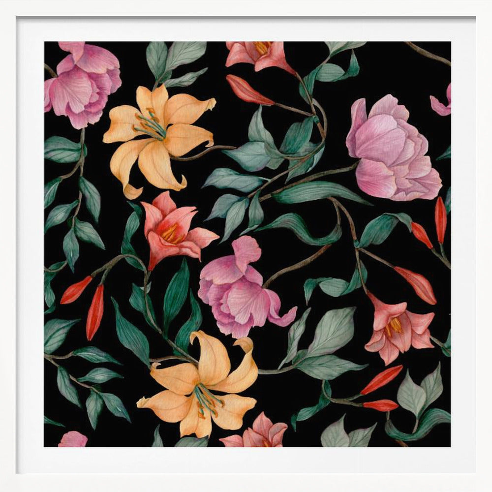A watercolor floral pattern featuring pink peonies, orange lilies, and green leaves intertwined on a dark black background, all framed by a light wood border. Poster