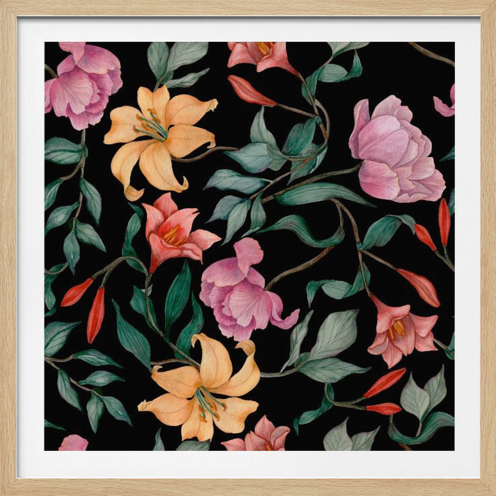 A watercolor floral pattern featuring pink peonies, orange lilies, and green leaves intertwined on a dark black background, all framed by a light wood border. Poster