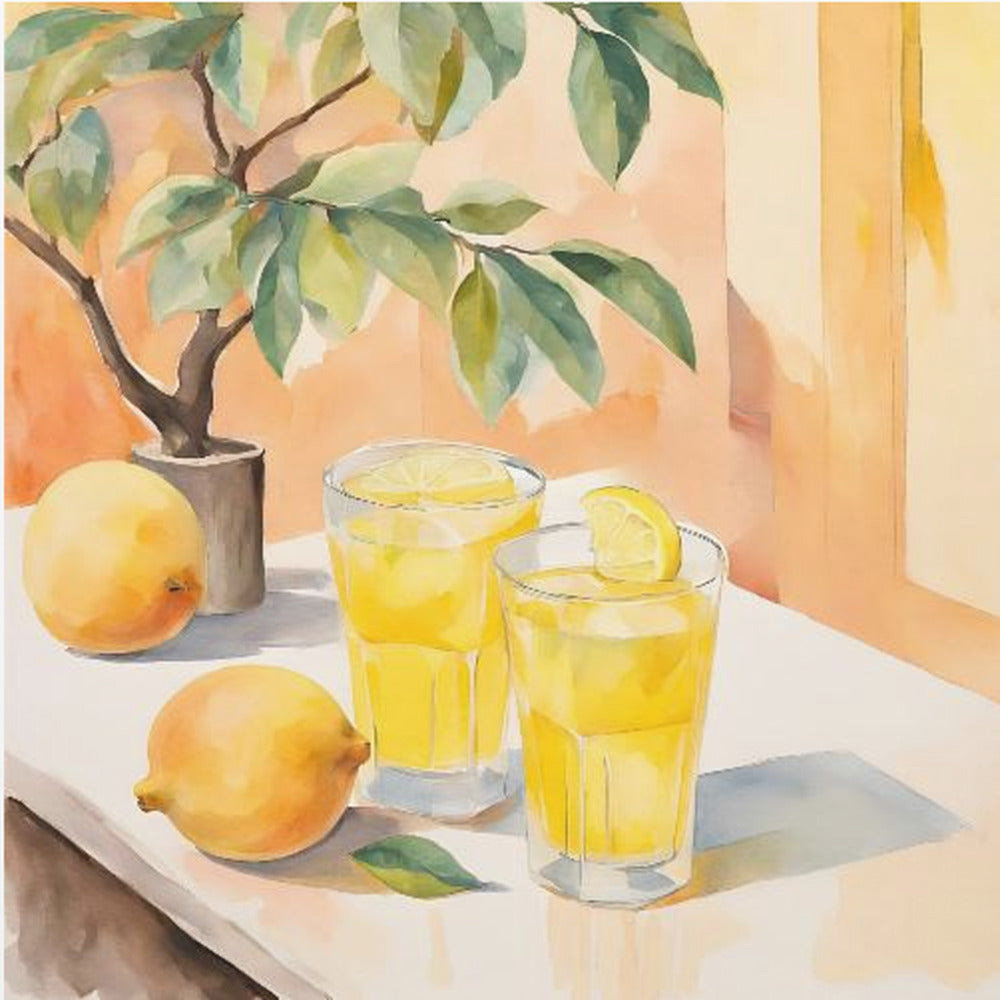 A watercolor painting in a light wood frame depicting a sunny still life. On a white table sit two glasses of yellow lemonade, garnished with lemon slices. Two whole lemons rest nearby, along with a small potted lemon tree with green leaves. The background is a warm, sunlit peach-colored wall. Poster