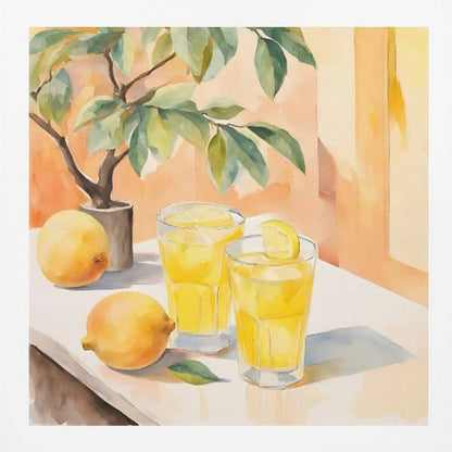 A watercolor painting in a light wood frame depicting a sunny still life. On a white table sit two glasses of yellow lemonade, garnished with lemon slices. Two whole lemons rest nearby, along with a small potted lemon tree with green leaves. The background is a warm, sunlit peach-colored wall. Poster