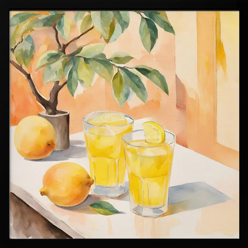 A watercolor painting in a light wood frame depicting a sunny still life. On a white table sit two glasses of yellow lemonade, garnished with lemon slices. Two whole lemons rest nearby, along with a small potted lemon tree with green leaves. The background is a warm, sunlit peach-colored wall. Poster