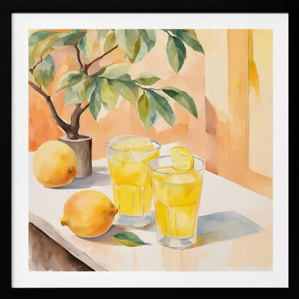 A watercolor painting in a light wood frame depicting a sunny still life. On a white table sit two glasses of yellow lemonade, garnished with lemon slices. Two whole lemons rest nearby, along with a small potted lemon tree with green leaves. The background is a warm, sunlit peach-colored wall. Poster