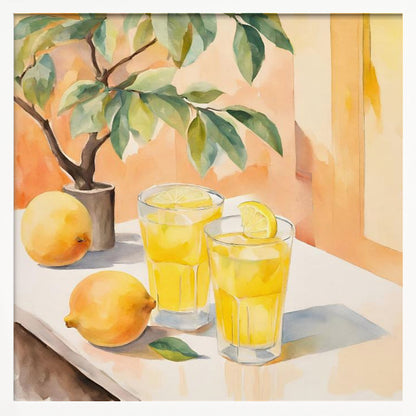 A watercolor painting in a light wood frame depicting a sunny still life. On a white table sit two glasses of yellow lemonade, garnished with lemon slices. Two whole lemons rest nearby, along with a small potted lemon tree with green leaves. The background is a warm, sunlit peach-colored wall. Poster