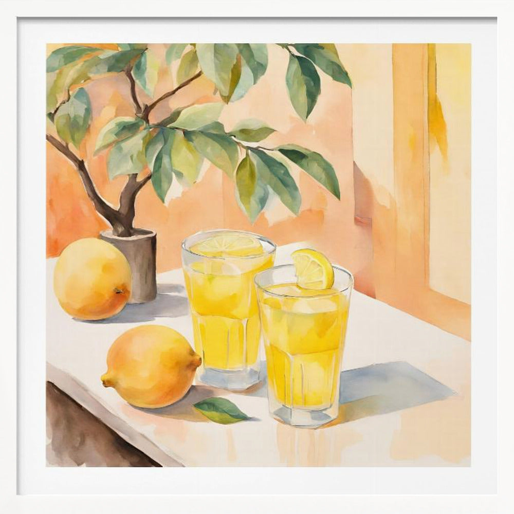 A watercolor painting in a light wood frame depicting a sunny still life. On a white table sit two glasses of yellow lemonade, garnished with lemon slices. Two whole lemons rest nearby, along with a small potted lemon tree with green leaves. The background is a warm, sunlit peach-colored wall. Poster