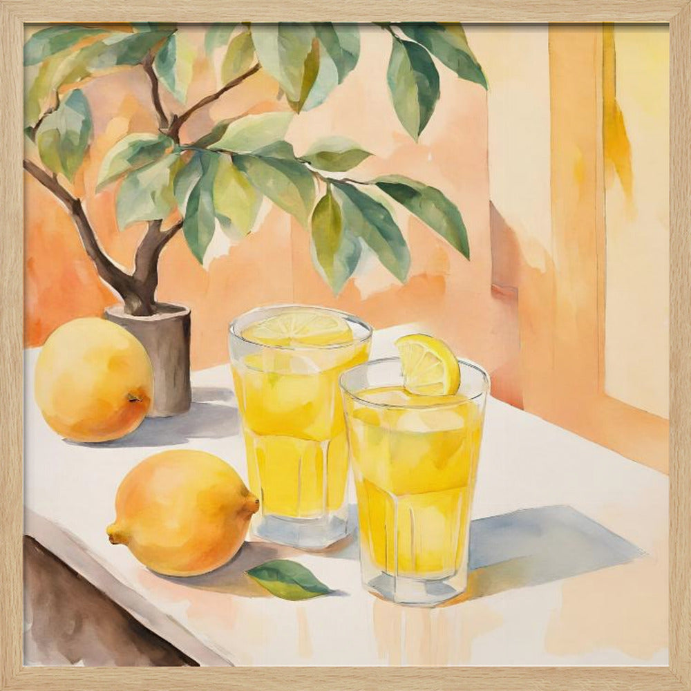 A watercolor painting in a light wood frame depicting a sunny still life. On a white table sit two glasses of yellow lemonade, garnished with lemon slices. Two whole lemons rest nearby, along with a small potted lemon tree with green leaves. The background is a warm, sunlit peach-colored wall. Poster