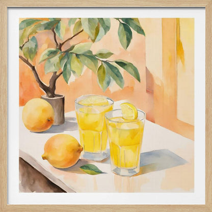 A watercolor painting in a light wood frame depicting a sunny still life. On a white table sit two glasses of yellow lemonade, garnished with lemon slices. Two whole lemons rest nearby, along with a small potted lemon tree with green leaves. The background is a warm, sunlit peach-colored wall. Poster