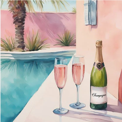 A watercolor illustration of a bottle of champagne and two glasses of rosé resting on the edge of a bright turquoise swimming pool. In the background, a pink wall is adorned with a palm tree, creating a sunny, luxurious vacation scene, all presented in a light wood frame. Artwork
