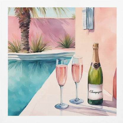 A watercolor illustration of a bottle of champagne and two glasses of rosé resting on the edge of a bright turquoise swimming pool. In the background, a pink wall is adorned with a palm tree, creating a sunny, luxurious vacation scene, all presented in a light wood frame. Artwork
