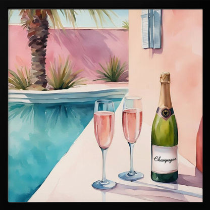 A watercolor illustration of a bottle of champagne and two glasses of rosé resting on the edge of a bright turquoise swimming pool. In the background, a pink wall is adorned with a palm tree, creating a sunny, luxurious vacation scene, all presented in a light wood frame. Artwork