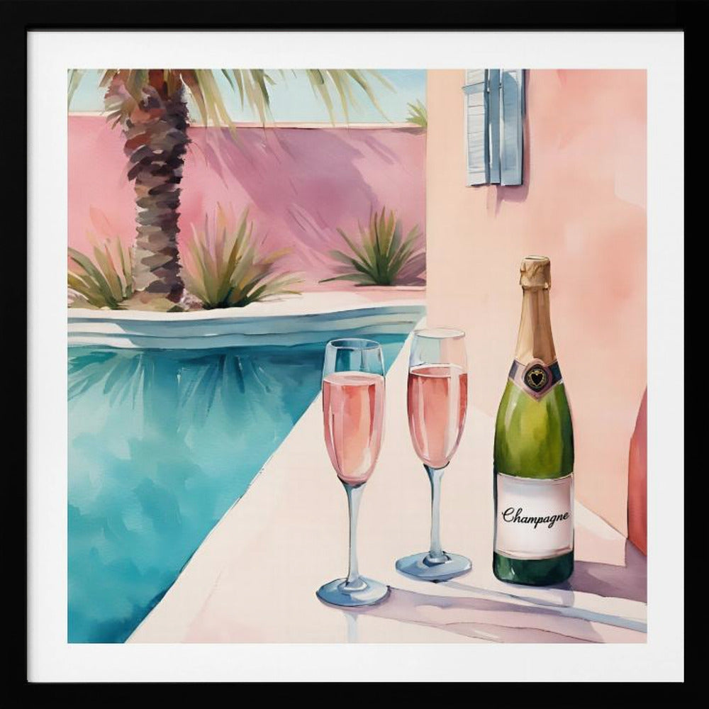 A watercolor illustration of a bottle of champagne and two glasses of rosé resting on the edge of a bright turquoise swimming pool. In the background, a pink wall is adorned with a palm tree, creating a sunny, luxurious vacation scene, all presented in a light wood frame. Artwork