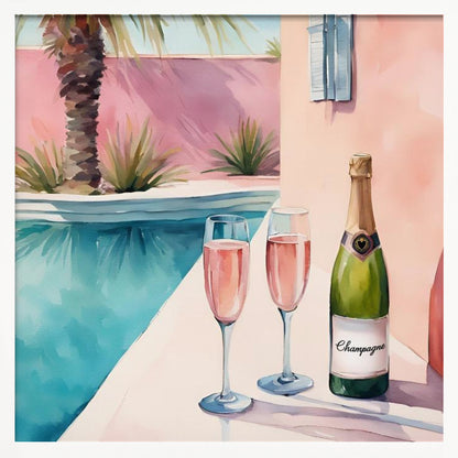 A watercolor illustration of a bottle of champagne and two glasses of rosé resting on the edge of a bright turquoise swimming pool. In the background, a pink wall is adorned with a palm tree, creating a sunny, luxurious vacation scene, all presented in a light wood frame. Artwork