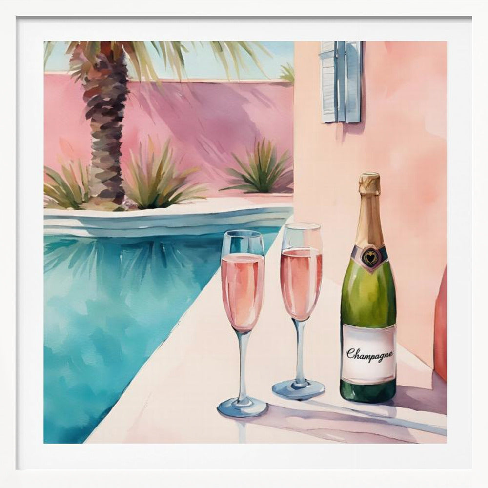 A watercolor illustration of a bottle of champagne and two glasses of rosé resting on the edge of a bright turquoise swimming pool. In the background, a pink wall is adorned with a palm tree, creating a sunny, luxurious vacation scene, all presented in a light wood frame. Artwork