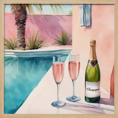 A watercolor illustration of a bottle of champagne and two glasses of rosé resting on the edge of a bright turquoise swimming pool. In the background, a pink wall is adorned with a palm tree, creating a sunny, luxurious vacation scene, all presented in a light wood frame. Artwork