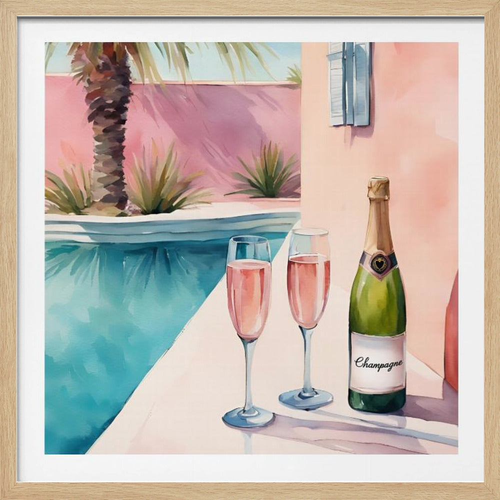 A watercolor illustration of a bottle of champagne and two glasses of rosé resting on the edge of a bright turquoise swimming pool. In the background, a pink wall is adorned with a palm tree, creating a sunny, luxurious vacation scene, all presented in a light wood frame. Artwork