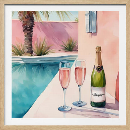 A watercolor illustration of a bottle of champagne and two glasses of rosé resting on the edge of a bright turquoise swimming pool. In the background, a pink wall is adorned with a palm tree, creating a sunny, luxurious vacation scene, all presented in a light wood frame. Artwork