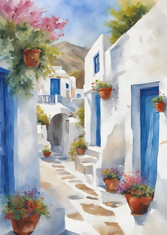A vibrant watercolor painting of a sunlit alleyway in a Greek island village, featuring whitewashed buildings with iconic blue doors, and colorful flowers in terracotta pots. A mountain can be seen in the distance under a clear blue sky. Poster