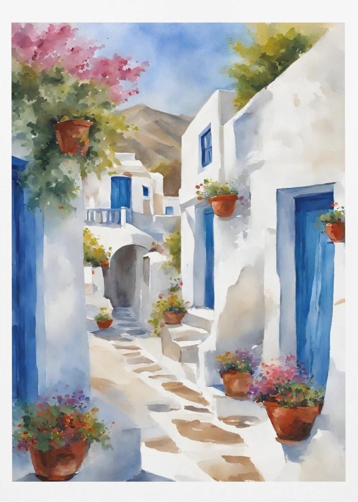 A vibrant watercolor painting of a sunlit alleyway in a Greek island village, featuring whitewashed buildings with iconic blue doors, and colorful flowers in terracotta pots. A mountain can be seen in the distance under a clear blue sky. Poster