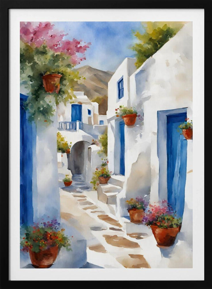 A vibrant watercolor painting of a sunlit alleyway in a Greek island village, featuring whitewashed buildings with iconic blue doors, and colorful flowers in terracotta pots. A mountain can be seen in the distance under a clear blue sky. Poster