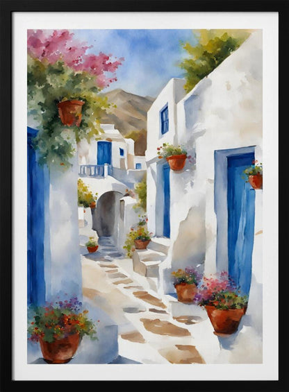 A vibrant watercolor painting of a sunlit alleyway in a Greek island village, featuring whitewashed buildings with iconic blue doors, and colorful flowers in terracotta pots. A mountain can be seen in the distance under a clear blue sky. Poster