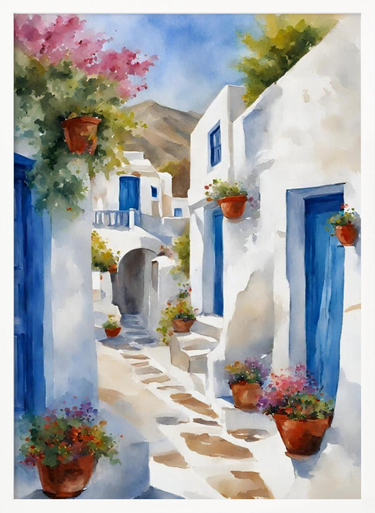 A vibrant watercolor painting of a sunlit alleyway in a Greek island village, featuring whitewashed buildings with iconic blue doors, and colorful flowers in terracotta pots. A mountain can be seen in the distance under a clear blue sky. Poster