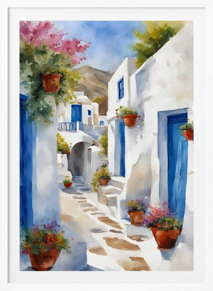 A vibrant watercolor painting of a sunlit alleyway in a Greek island village, featuring whitewashed buildings with iconic blue doors, and colorful flowers in terracotta pots. A mountain can be seen in the distance under a clear blue sky. Poster