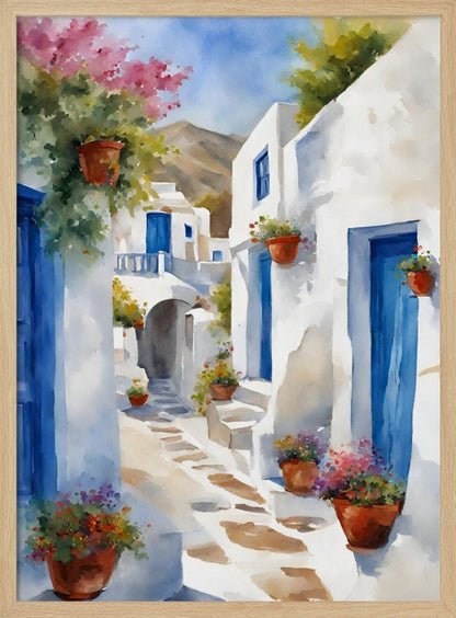 A vibrant watercolor painting of a sunlit alleyway in a Greek island village, featuring whitewashed buildings with iconic blue doors, and colorful flowers in terracotta pots. A mountain can be seen in the distance under a clear blue sky. Poster