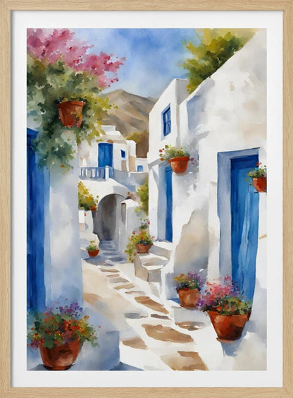 A vibrant watercolor painting of a sunlit alleyway in a Greek island village, featuring whitewashed buildings with iconic blue doors, and colorful flowers in terracotta pots. A mountain can be seen in the distance under a clear blue sky. Poster