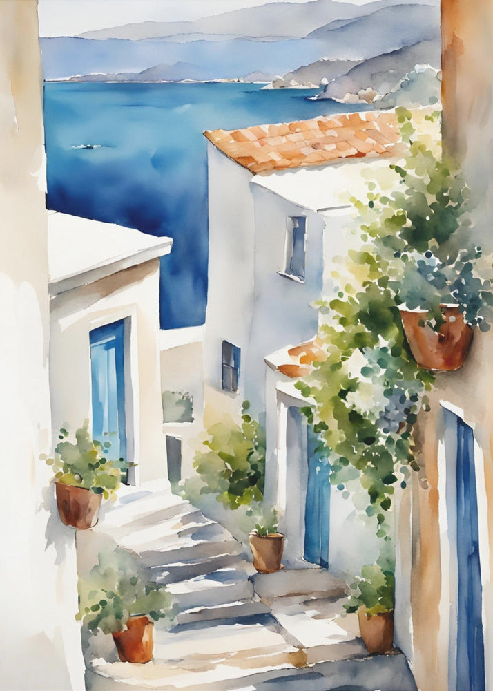 A watercolor painting of a narrow, sun-drenched alleyway in a coastal town. Whitewashed buildings with blue doors and terracotta roofs line the stone steps that descend towards a stunning view of the deep blue ocean and distant mountains. Wall Art