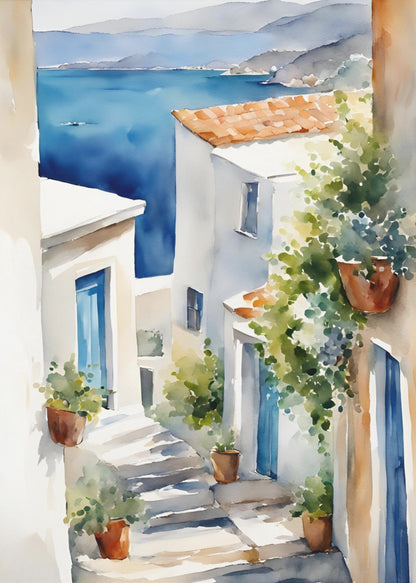 A watercolor painting of a narrow, sun-drenched alleyway in a coastal town. Whitewashed buildings with blue doors and terracotta roofs line the stone steps that descend towards a stunning view of the deep blue ocean and distant mountains. Wall Art