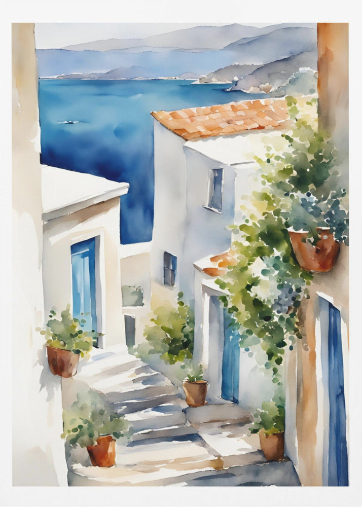 A watercolor painting of a narrow, sun-drenched alleyway in a coastal town. Whitewashed buildings with blue doors and terracotta roofs line the stone steps that descend towards a stunning view of the deep blue ocean and distant mountains. Wall Art