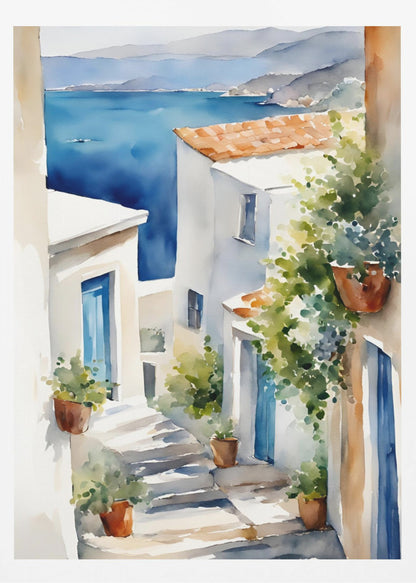 A watercolor painting of a narrow, sun-drenched alleyway in a coastal town. Whitewashed buildings with blue doors and terracotta roofs line the stone steps that descend towards a stunning view of the deep blue ocean and distant mountains. Wall Art