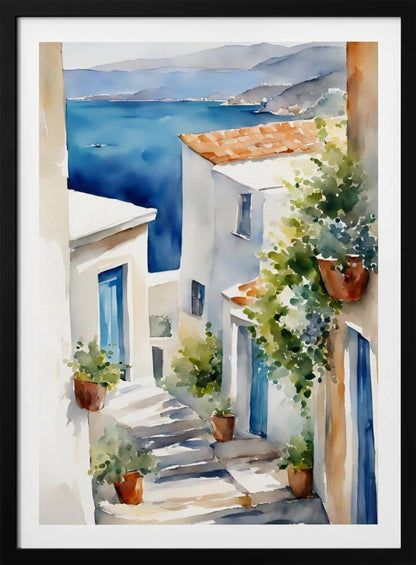 A watercolor painting of a narrow, sun-drenched alleyway in a coastal town. Whitewashed buildings with blue doors and terracotta roofs line the stone steps that descend towards a stunning view of the deep blue ocean and distant mountains. Wall Art