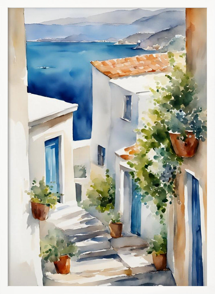 A watercolor painting of a narrow, sun-drenched alleyway in a coastal town. Whitewashed buildings with blue doors and terracotta roofs line the stone steps that descend towards a stunning view of the deep blue ocean and distant mountains. Wall Art