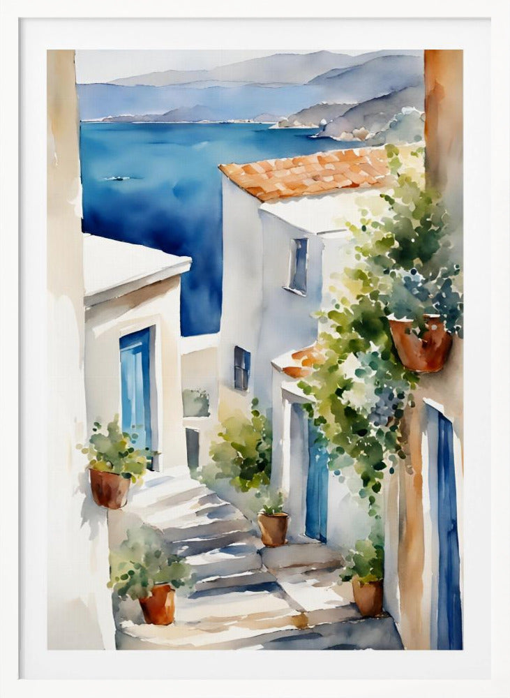 A watercolor painting of a narrow, sun-drenched alleyway in a coastal town. Whitewashed buildings with blue doors and terracotta roofs line the stone steps that descend towards a stunning view of the deep blue ocean and distant mountains. Wall Art
