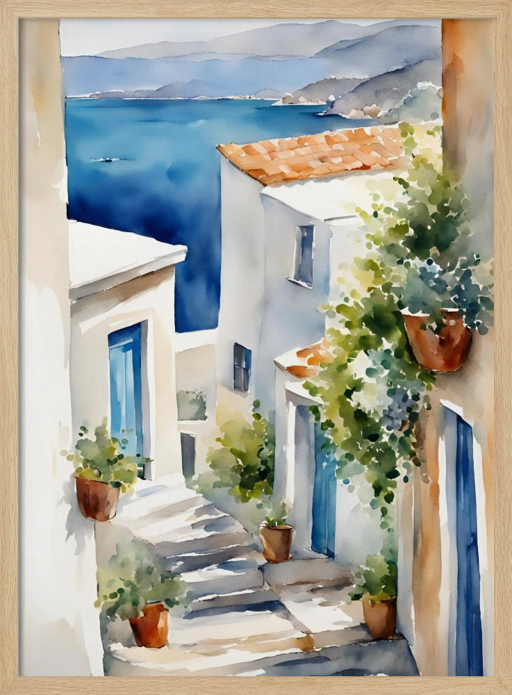 A watercolor painting of a narrow, sun-drenched alleyway in a coastal town. Whitewashed buildings with blue doors and terracotta roofs line the stone steps that descend towards a stunning view of the deep blue ocean and distant mountains. Wall Art