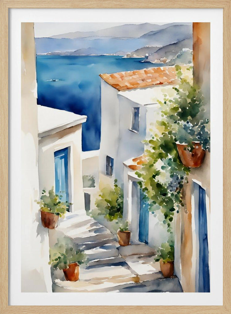 A watercolor painting of a narrow, sun-drenched alleyway in a coastal town. Whitewashed buildings with blue doors and terracotta roofs line the stone steps that descend towards a stunning view of the deep blue ocean and distant mountains. Wall Art