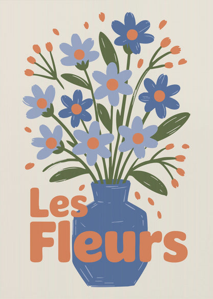 A stylized illustration of a blue vase filled with light and dark blue flowers with orange centers and green leaves. The phrase "Les Fleurs" is written in a bold orange font in the foreground, all set against a cream-colored background and framed in black. Decor