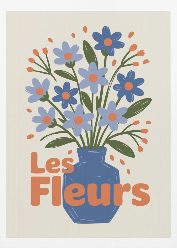 A stylized illustration of a blue vase filled with light and dark blue flowers with orange centers and green leaves. The phrase "Les Fleurs" is written in a bold orange font in the foreground, all set against a cream-colored background and framed in black. Decor
