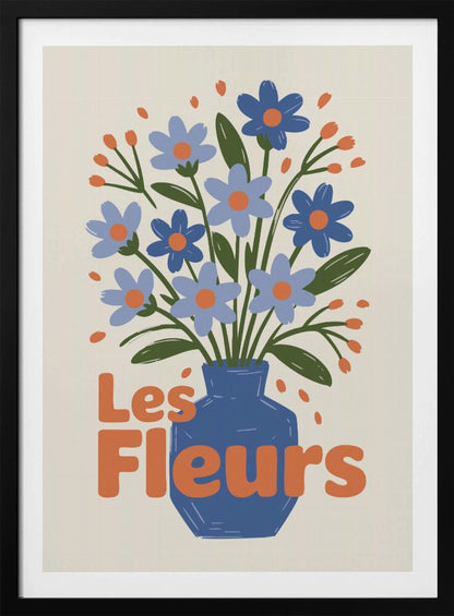 A stylized illustration of a blue vase filled with light and dark blue flowers with orange centers and green leaves. The phrase "Les Fleurs" is written in a bold orange font in the foreground, all set against a cream-colored background and framed in black. Decor