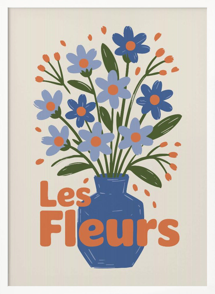 A stylized illustration of a blue vase filled with light and dark blue flowers with orange centers and green leaves. The phrase "Les Fleurs" is written in a bold orange font in the foreground, all set against a cream-colored background and framed in black. Decor